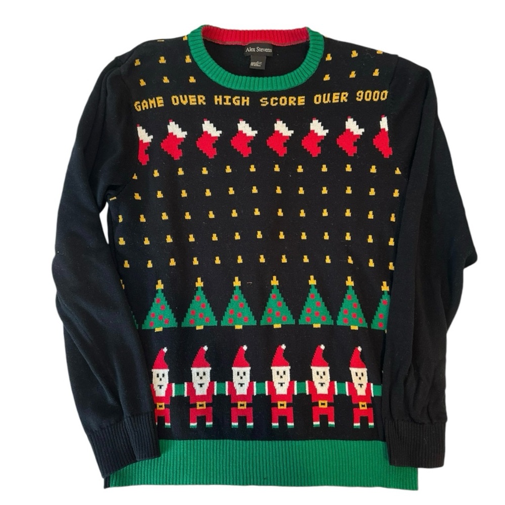 Alex Stevens Game Over High Score Space Invaders Santa Christmas Trees Sweater L